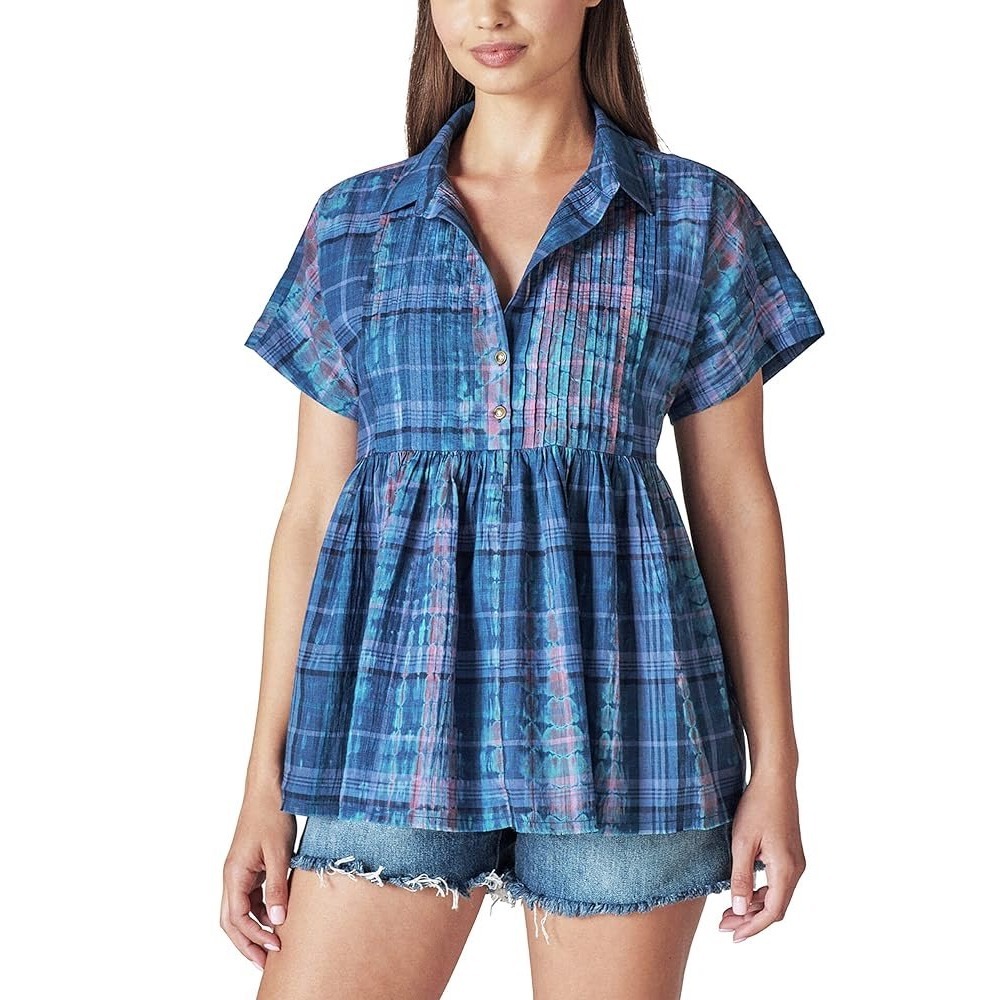 Lucky Brand Tie Dye Babydoll Tunic Blue Plaid Cute Coquette‎ Boho Summer Size M
